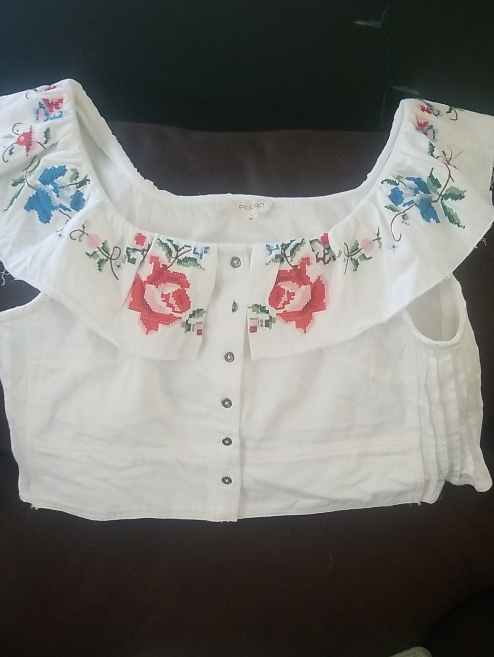 Anthropologie Pilcro Embellished Ruffle Collar Top Sz L